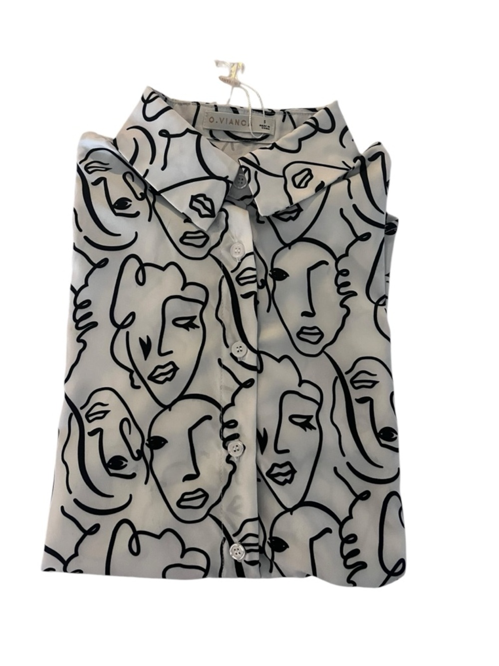 O. Vianca White Button-Up Blouse with Black Abstract Face Print